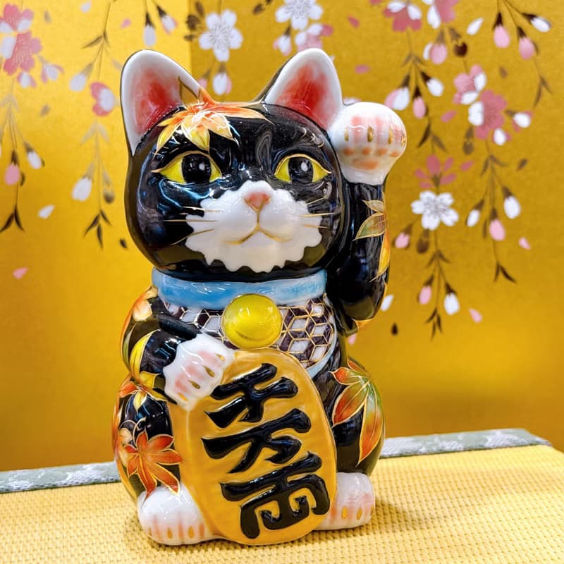 【楓影戀心】日本清水燒招財貓 |  黑地紅葉