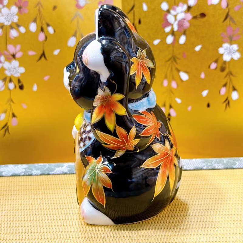 【楓影戀心】日本清水燒招財貓 |  黑地紅葉
