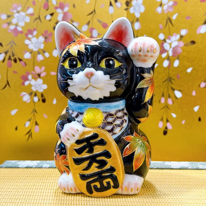 【楓影戀心】日本清水燒招財貓 |  黑地紅葉