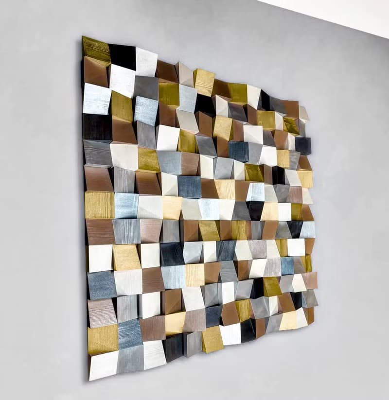 手工木質3D方塊馬賽克壁掛雕塑 金色 銀色 香檳色 白色