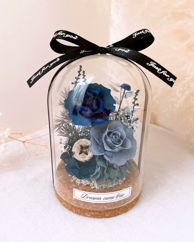 永生花玻璃盅-夜色詩篇 l 不凋花玻璃盅 日本玫瑰 乾燥花盅