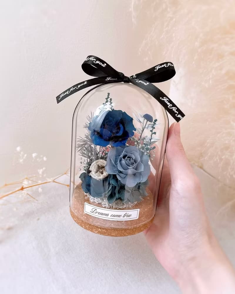 永生花玻璃盅-夜色詩篇 l 不凋花玻璃盅 日本玫瑰 乾燥花盅