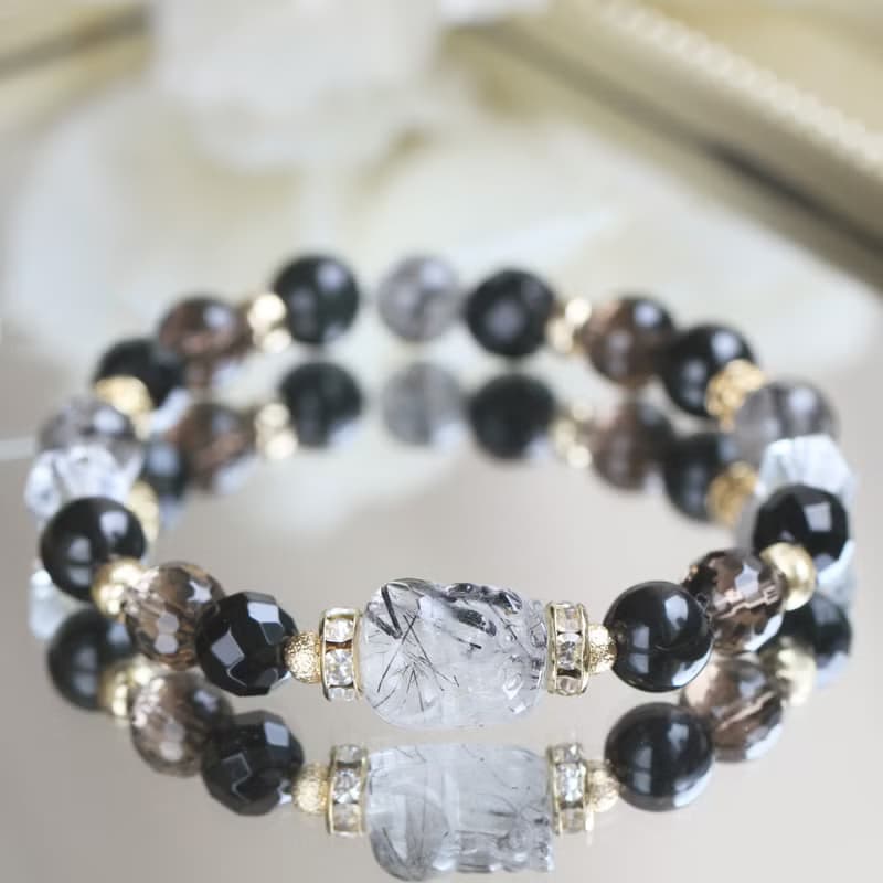 稀有限量 黑髮晶 貔貅 黑曜石 閃靈鑽 茶晶 白水晶 瑪瑙 水晶手鍊