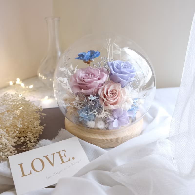永生玫瑰/玻璃鐘罩/永生花/乾燥花/不凋花/紫藍色/情人節/結婚