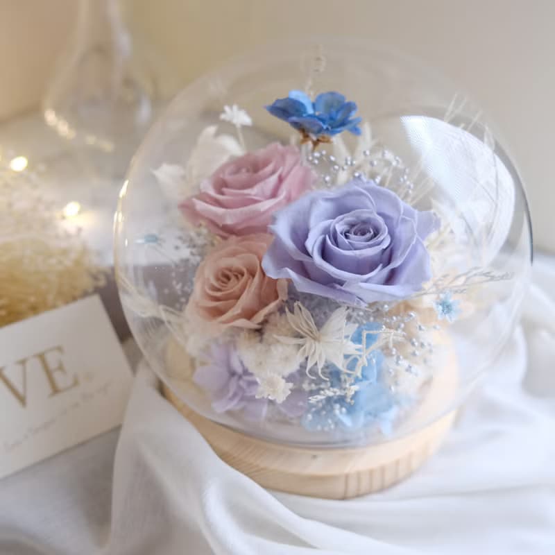 永生玫瑰/玻璃鐘罩/永生花/乾燥花/不凋花/紫藍色/情人節/結婚