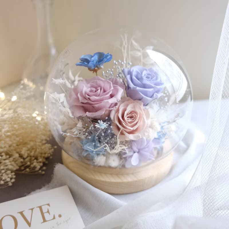 永生玫瑰/玻璃鐘罩/永生花/乾燥花/不凋花/紫藍色/情人節/結婚