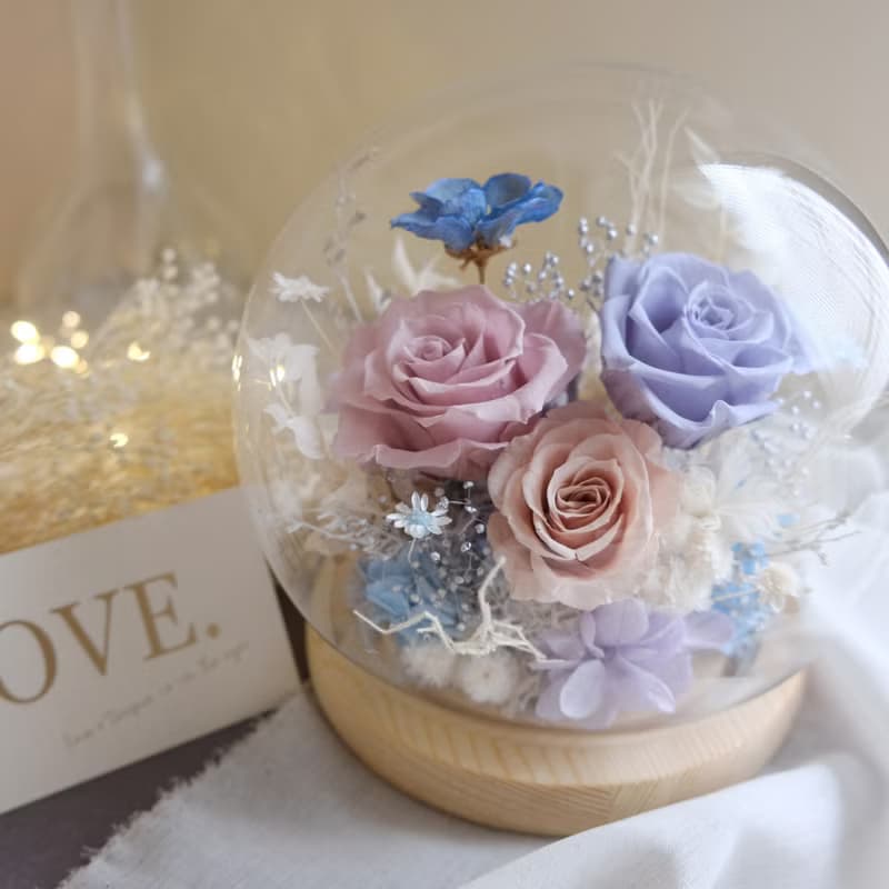 永生玫瑰/玻璃鐘罩/永生花/乾燥花/不凋花/紫藍色/情人節/結婚