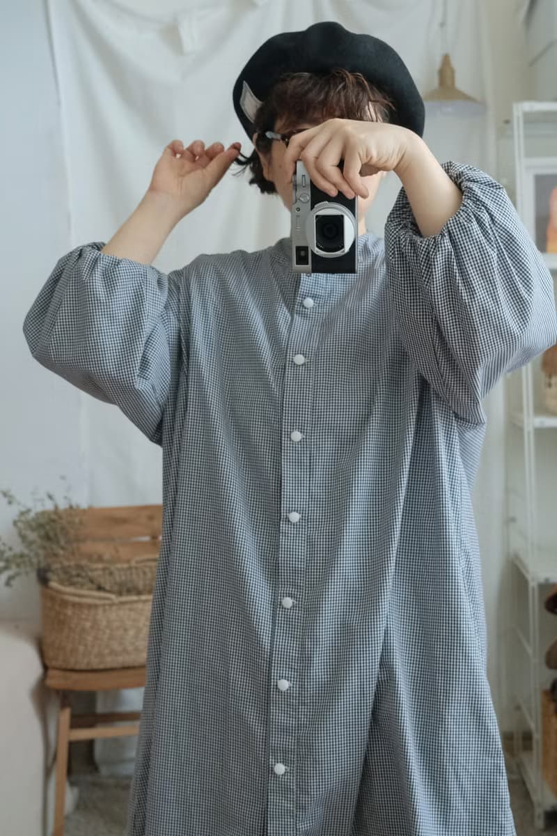 黑白小細格紋澎袖寬版長襯衫洋裝