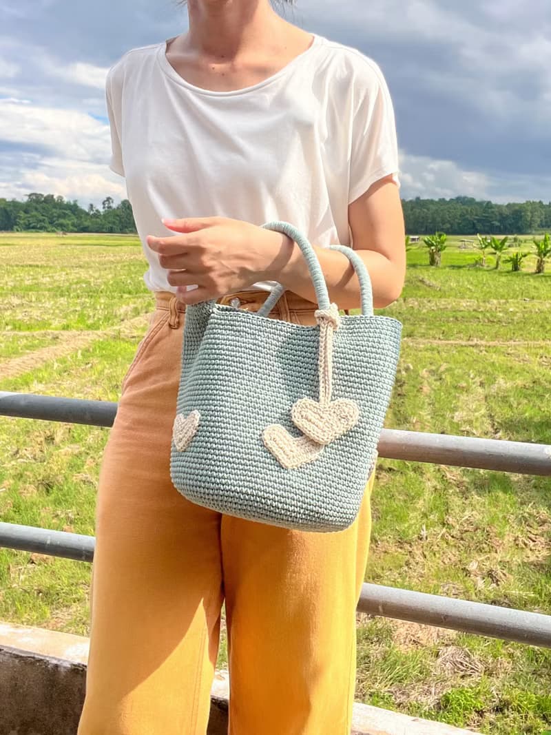 Heart Patchwork on Bucket hand bags (Greyish Blue)