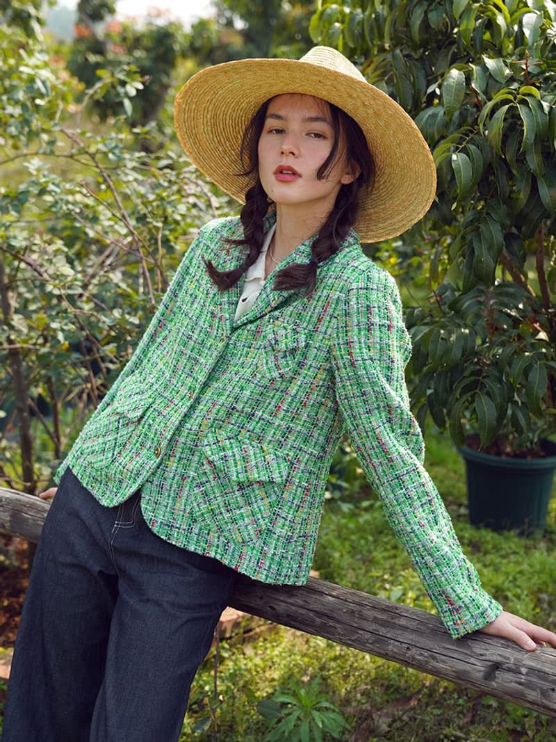 進口花呢小香風春日彩綠西服外套