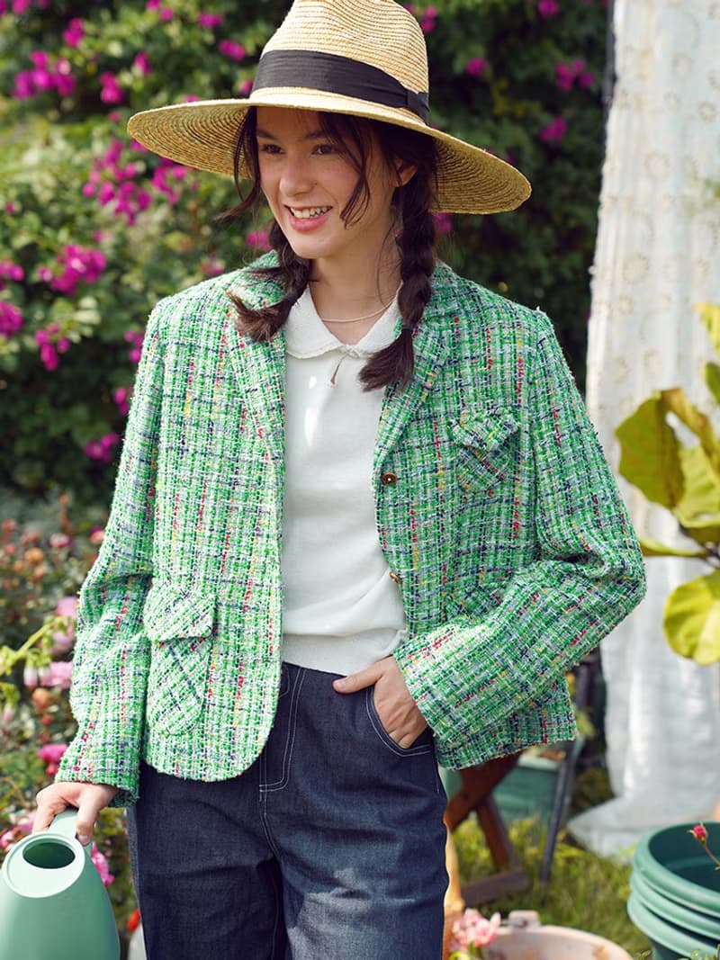 進口花呢小香風春日彩綠西服外套