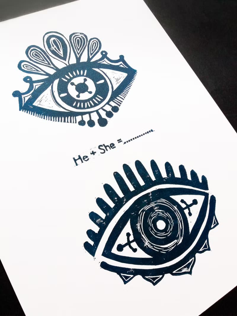 Linocut print Personalized couple gifts Eyes wall art Custom sign quote