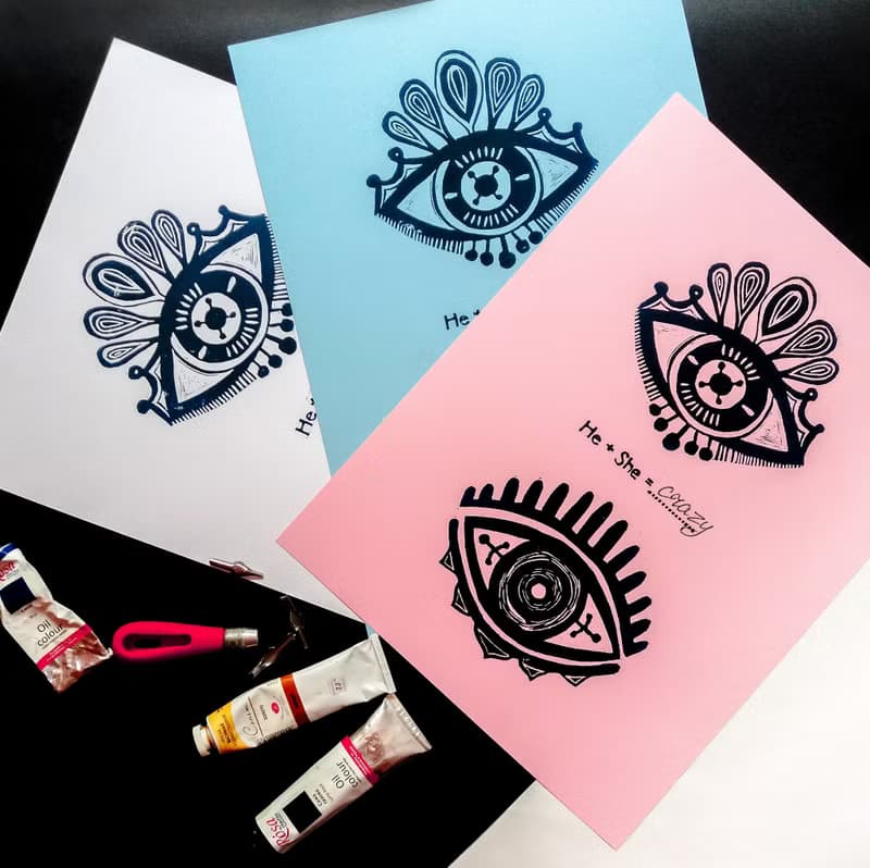 Linocut print Personalized couple gifts Eyes wall art Custom sign quote