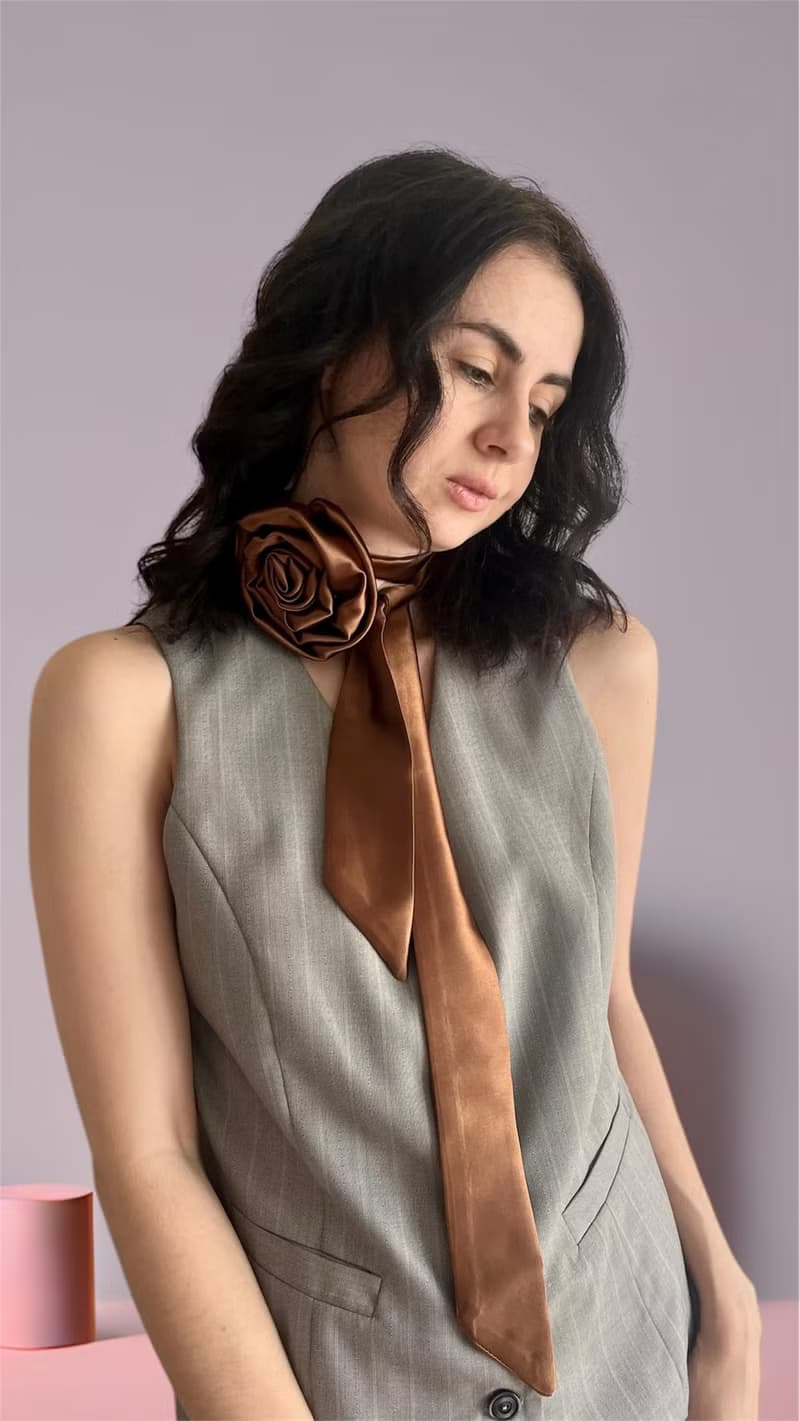 Brown Rose satin Flower Choker thin Scarf. Silk Flower Choker with brown Rose