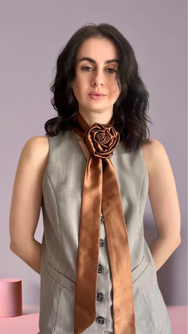 Brown Rose satin Flower Choker thin Scarf. Silk Flower Choker with brown Rose