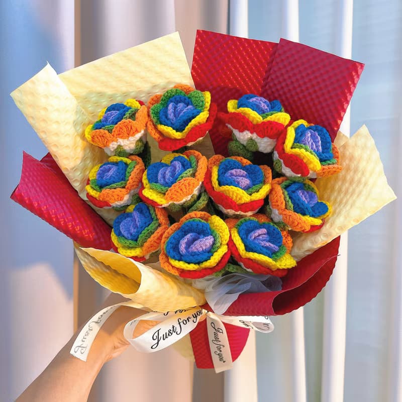 手作鉤織多巴胺配色玫瑰花束
