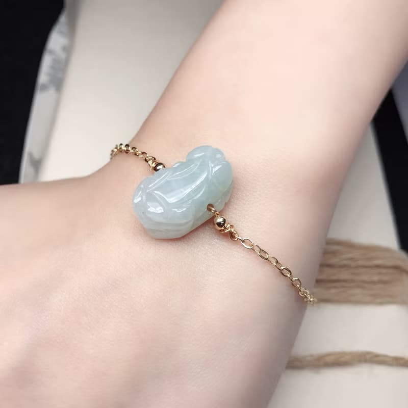 【招財神獸】冰種翡翠貔貅手鍊14K包金|天然緬甸玉翡翠A貨| 送禮