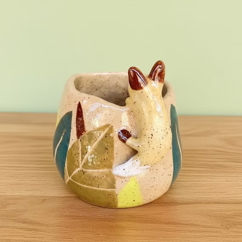 A Lu 小狐狸陶花器 擺飾/原創手作手繪/美國進口陶土 僅此一件
