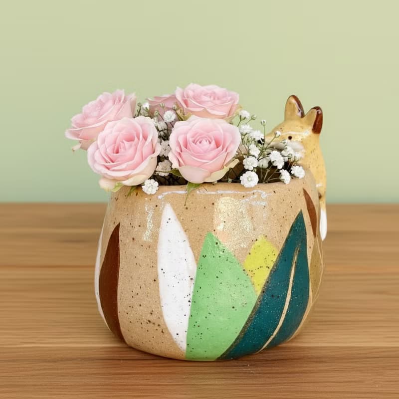 A Lu 小狐狸陶花器 擺飾/原創手作手繪/美國進口陶土 僅此一件