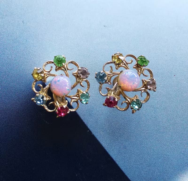 Vintage Jewelry 西洋古董飾品 旋轉彩色鑽 星花 栓式耳環