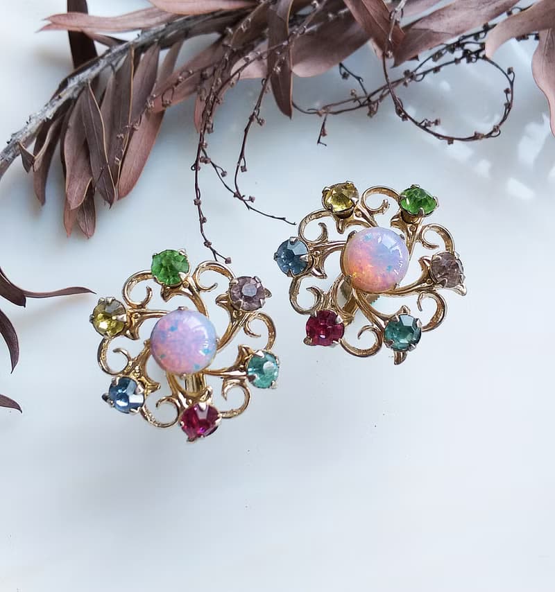 Vintage Jewelry 西洋古董飾品 旋轉彩色鑽 星花 栓式耳環