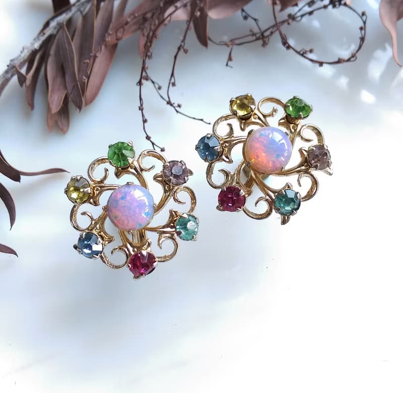 Vintage Jewelry 西洋古董飾品 旋轉彩色鑽 星花 栓式耳環