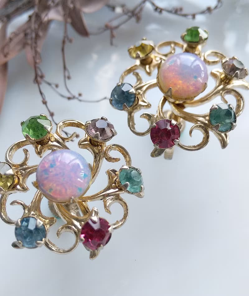Vintage Jewelry 西洋古董飾品 旋轉彩色鑽 星花 栓式耳環