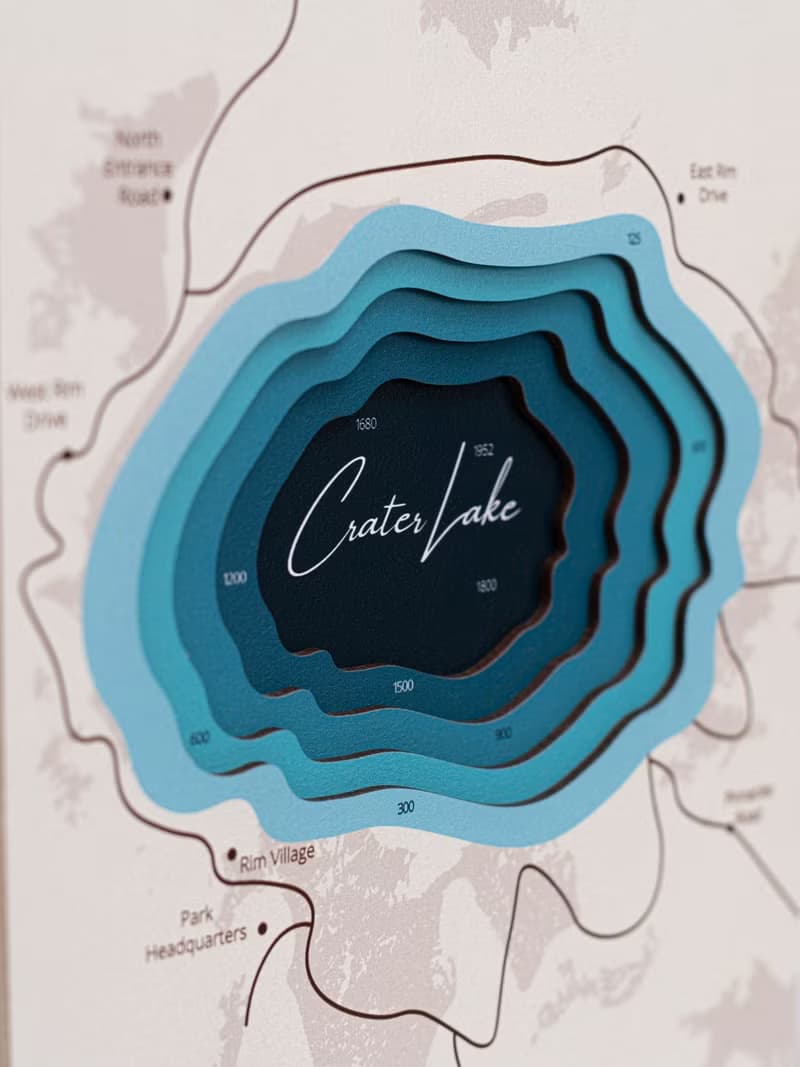 3D 水彩風格湖泊平面圖、湖泊深度圖、家居牆壁裝飾、太浩湖藝術
