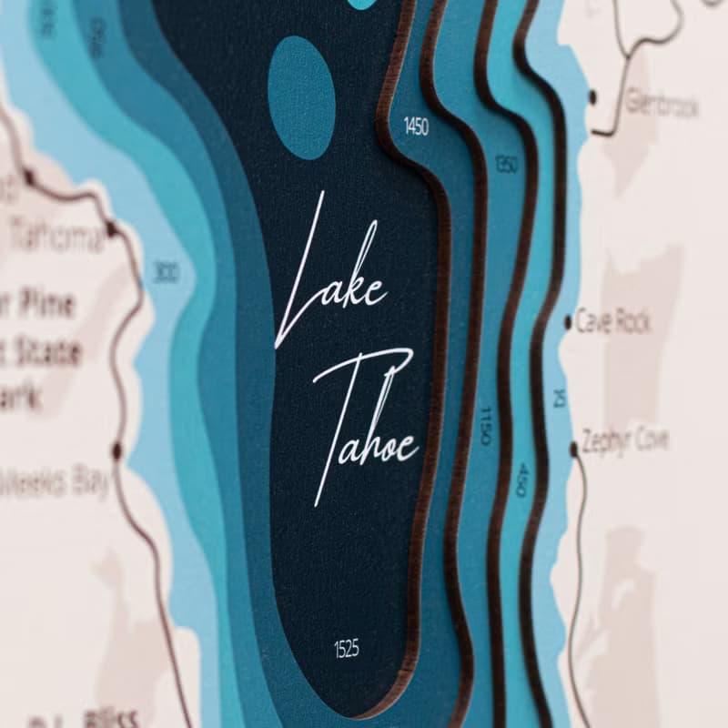 3D 水彩風格湖泊平面圖、湖泊深度圖、家居牆壁裝飾、太浩湖藝術