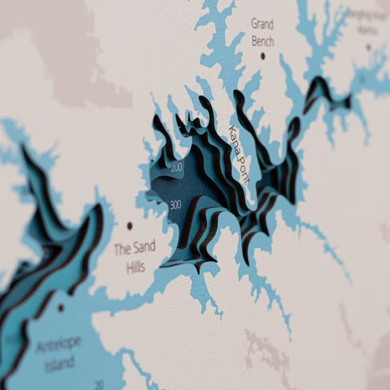 3D 水彩風格湖泊平面圖、湖泊深度圖、家居牆壁裝飾、太浩湖藝術