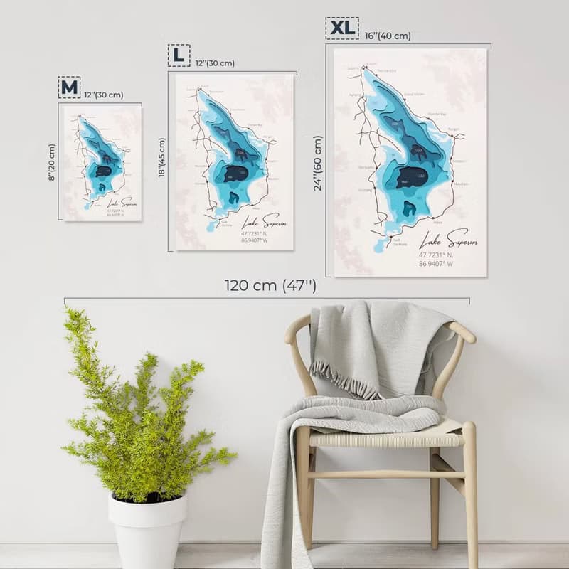 3D 水彩風格湖泊平面圖、湖泊深度圖、家居牆壁裝飾、太浩湖藝術