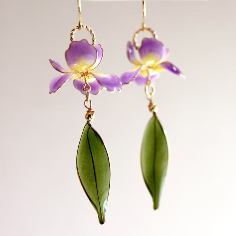 【鳶尾花之葉】 鳶尾花耳環 漸層紫色 手工銅線樹脂 耳環/耳夾