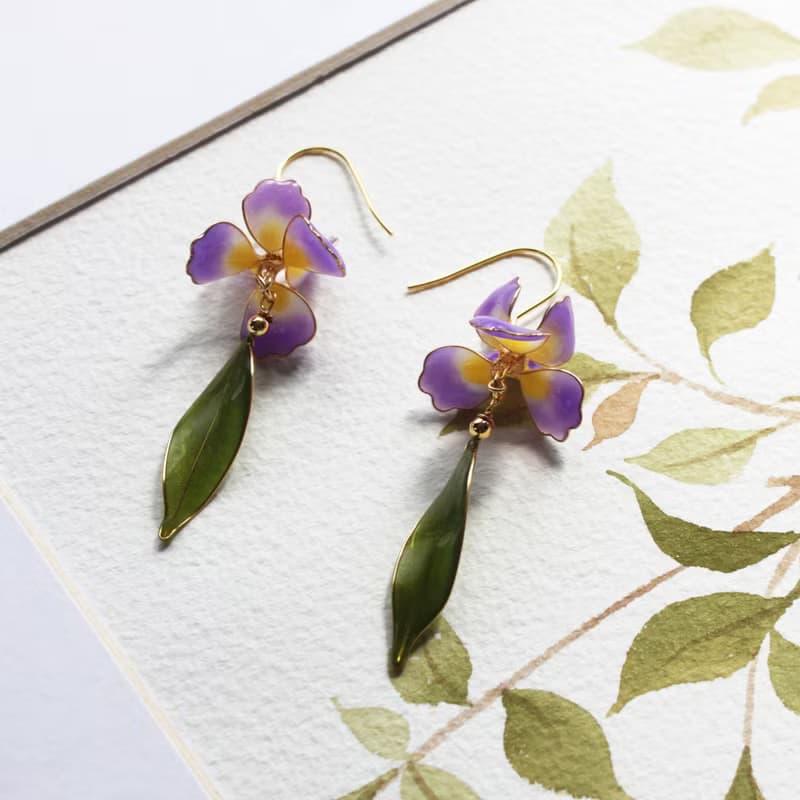【鳶尾花之葉】 鳶尾花耳環 漸層紫色 手工銅線樹脂 耳環/耳夾