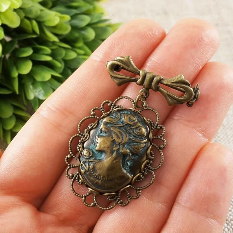 Lady Girl Cameo Victorian Epoch Vintage Bronze Bow Brooch Pin Woman Jewelry Gift
