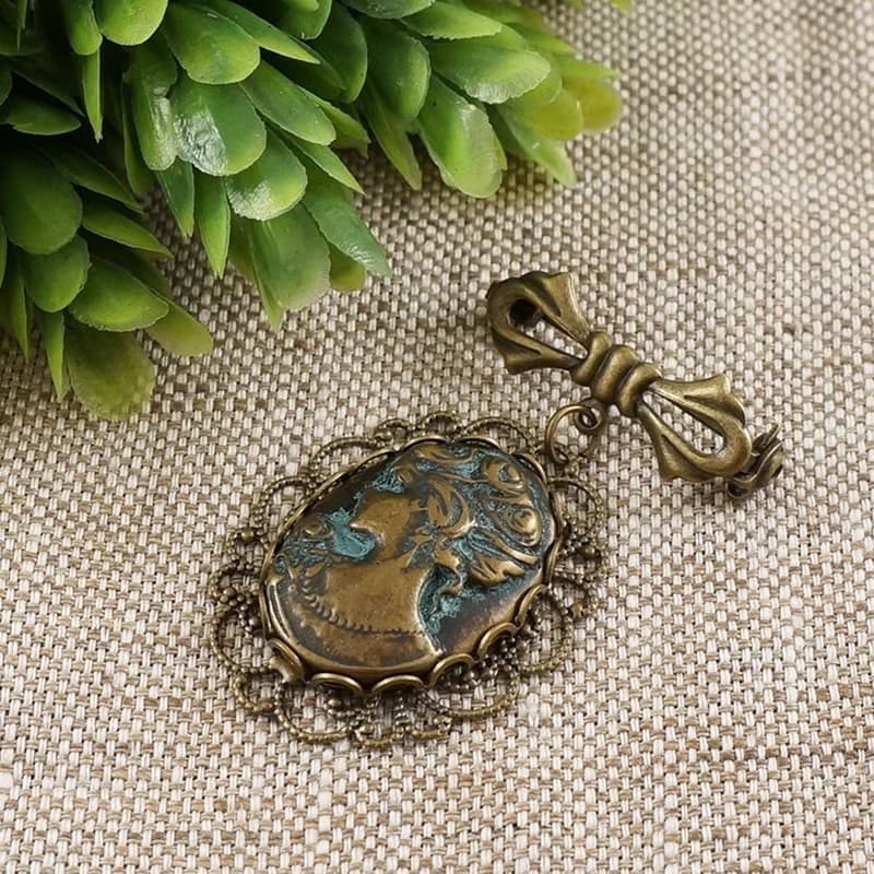Lady Girl Cameo Victorian Epoch Vintage Bronze Bow Brooch Pin Woman Jewelry Gift