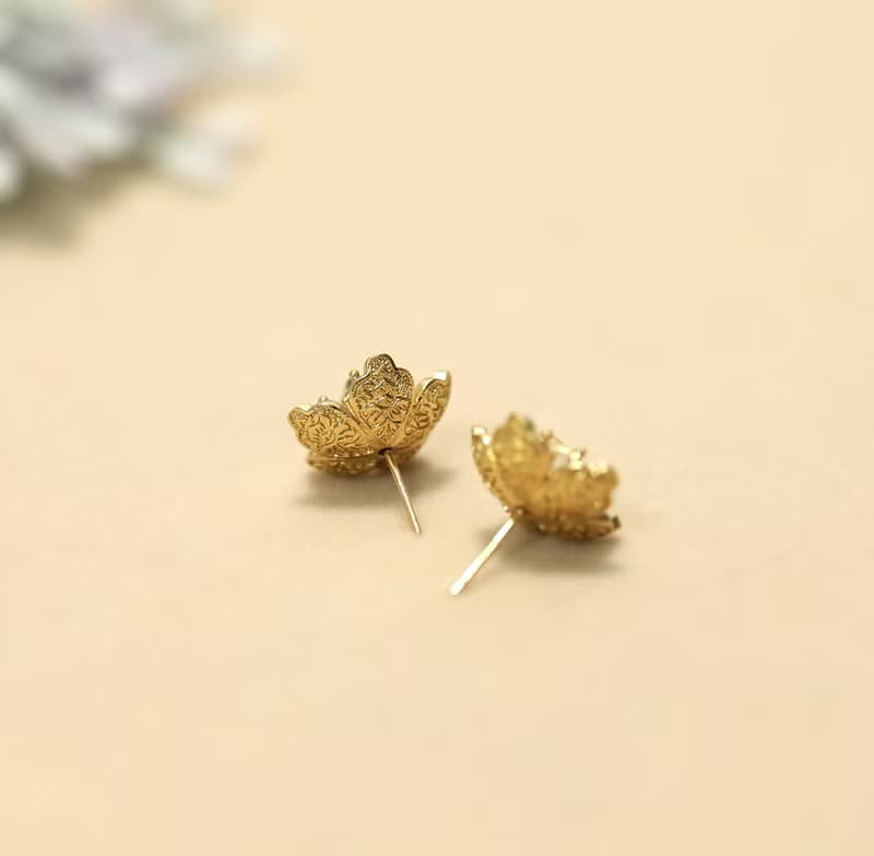 手作小桃花捷克琉璃珠鏨刻紋耳環耳釘耳飾925銀耳針