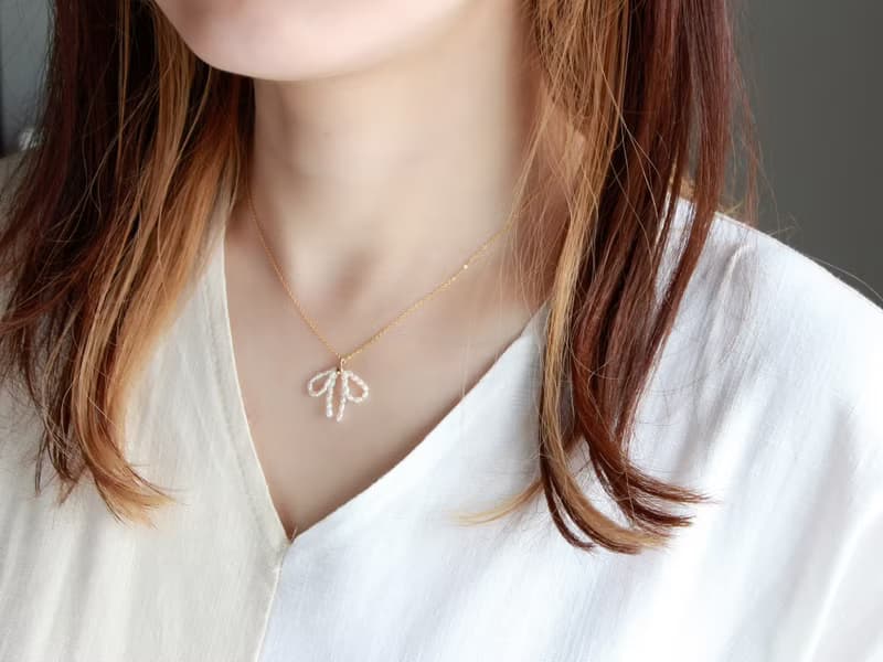 14kgf- pearl ribbon necklace(ajustable chain)