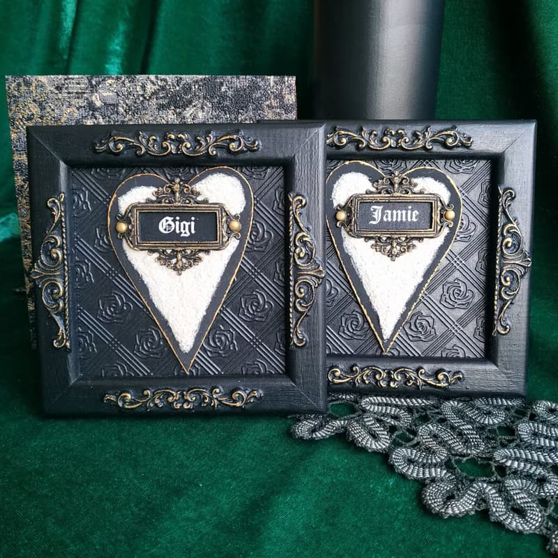 Black Valentines gift of two black frames with hearts in gift box