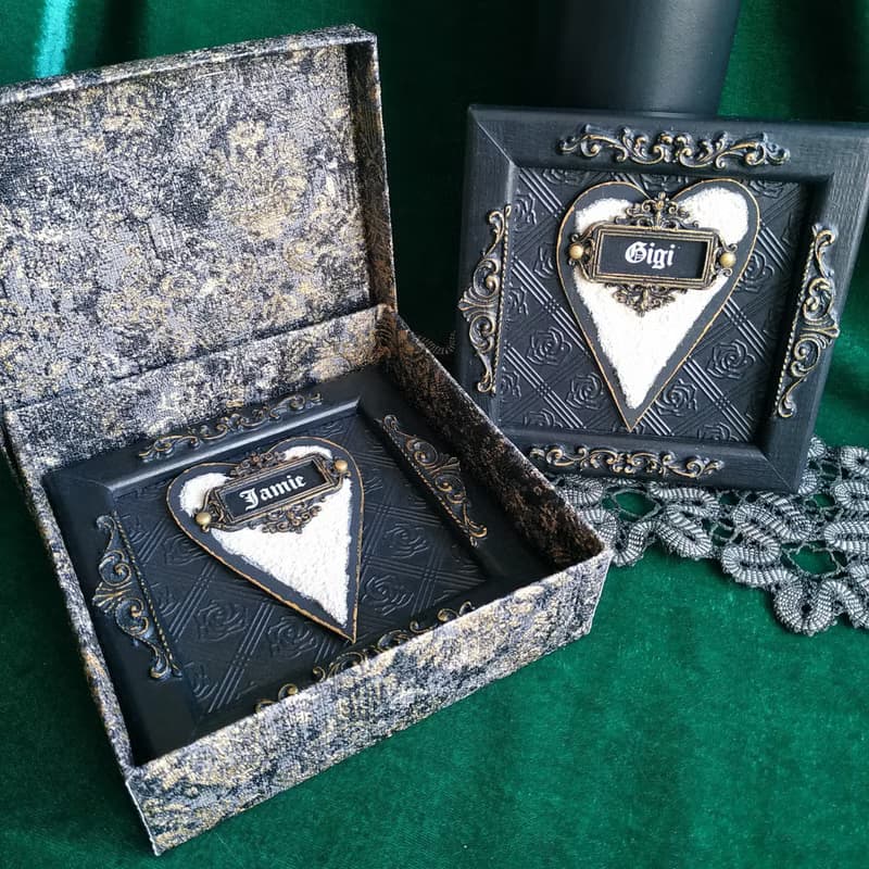 Black Valentines gift of two black frames with hearts in gift box