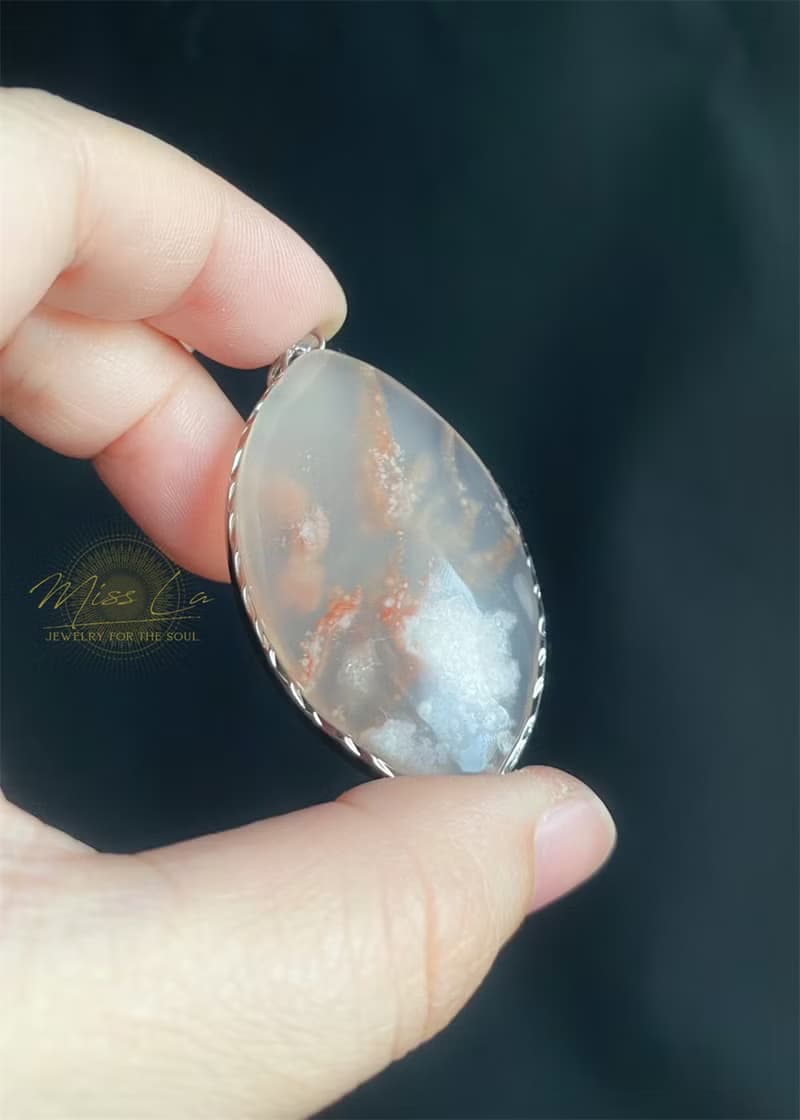 櫻花瑪瑙 飄龍紋 牛血紅 天然石 S925銀鑲拖 吊墜 禮物