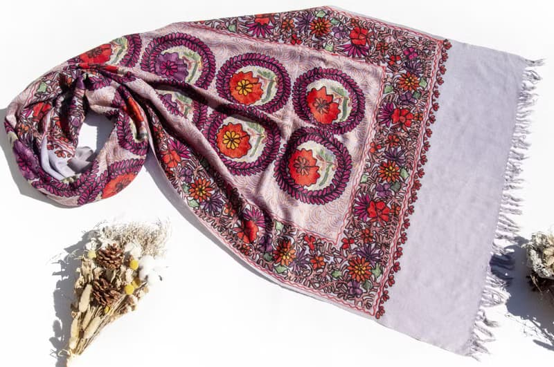 喀什米爾Cashmere/羊絨圍巾/純羊毛圍巾披巾/戒指絨披肩-刺繡花朵