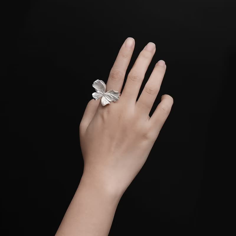 花瓣蝴蝶戒指925銀鍍白金原創設計手工肌理感可調節戒指花朵戒指
