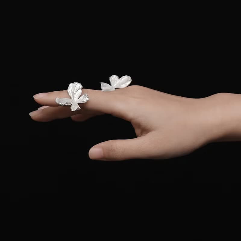 花瓣蝴蝶戒指925銀鍍白金原創設計手工肌理感可調節戒指花朵戒指