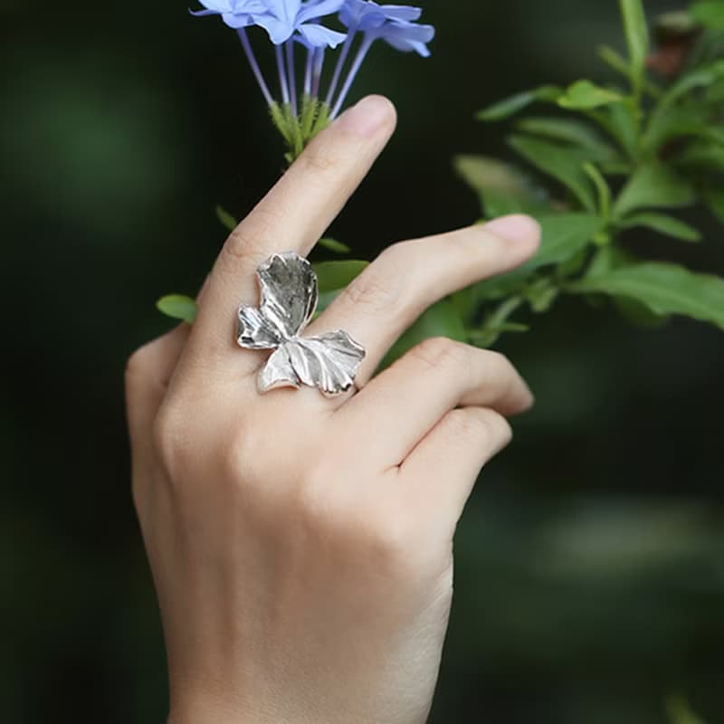 花瓣蝴蝶戒指925銀鍍白金原創設計手工肌理感可調節戒指花朵戒指