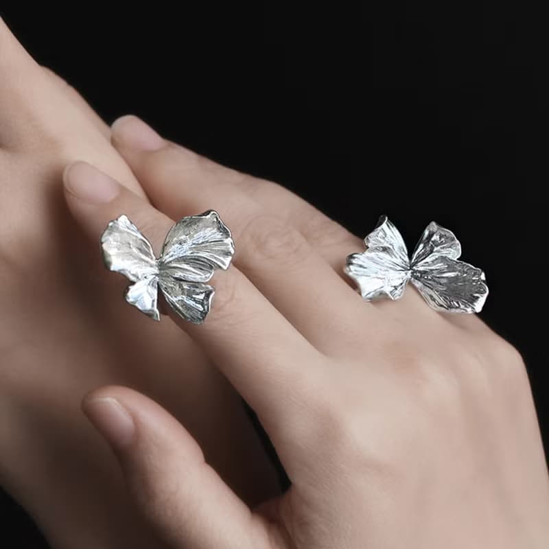 花瓣蝴蝶戒指925銀鍍白金原創設計手工肌理感可調節戒指花朵戒指
