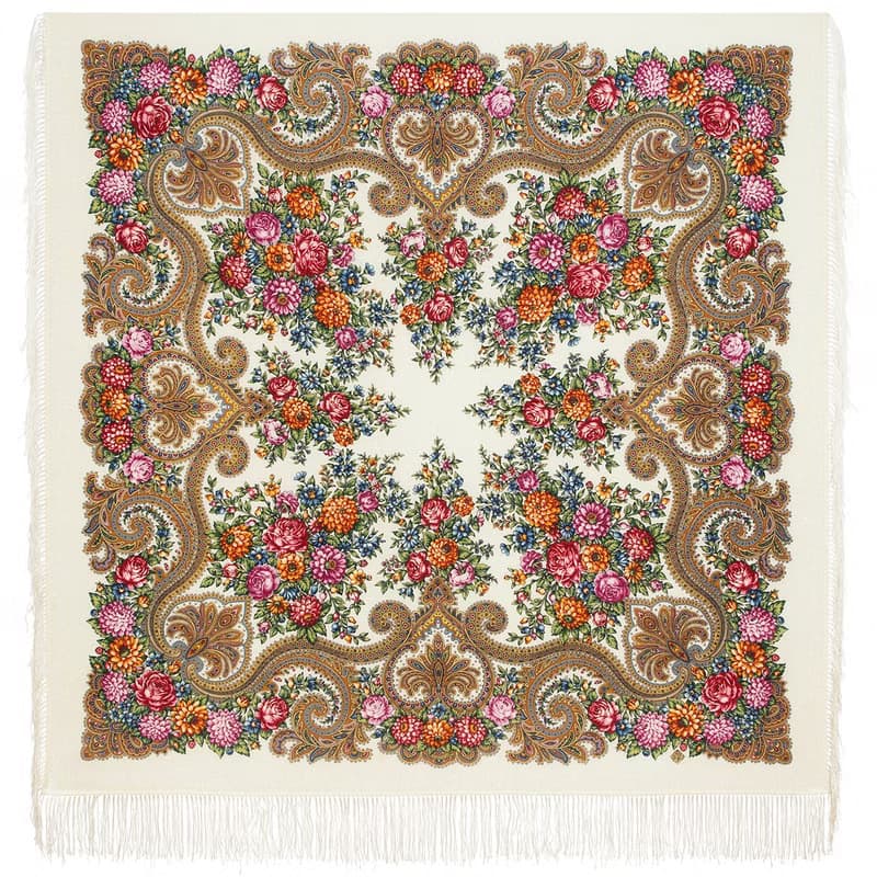 Pavlovo Posad Russian Shawl 100% Wool Scarf 125x125 cm Wrap Silk Fringe 2036-2