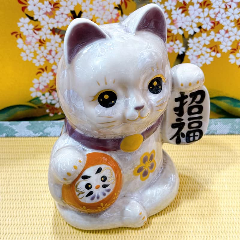 【杏色招福】日本清水燒招財貓 | 達摩 花結晶 - 杏 招福