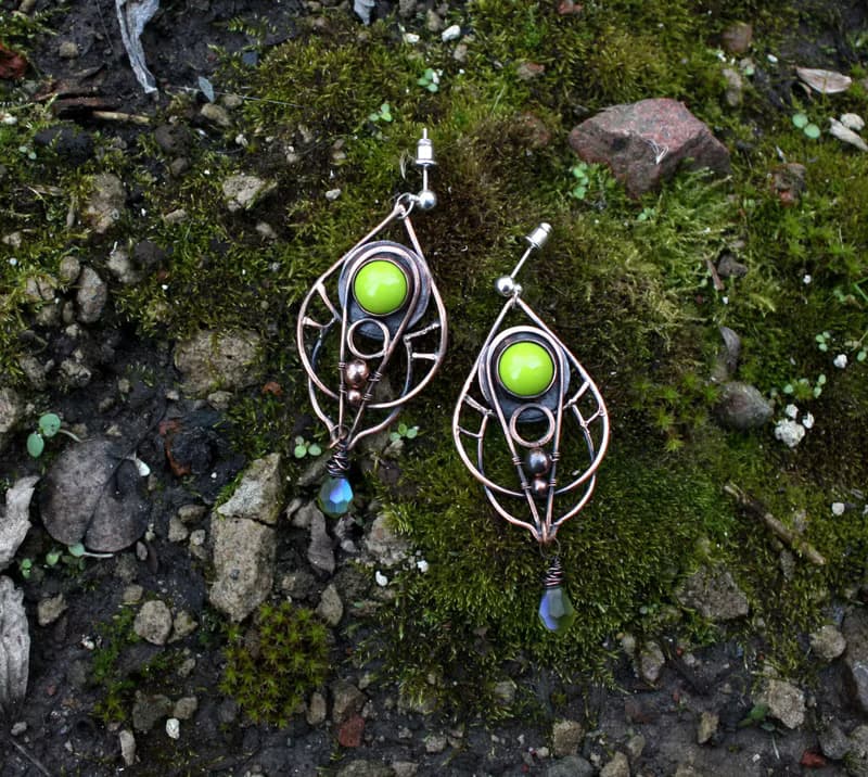 Olive Green Chandelier Earrings, Wire Wrapped Boho Jewelry, gift for her
