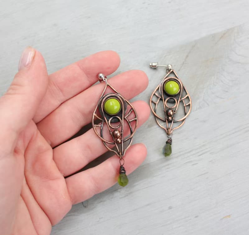 Olive Green Chandelier Earrings, Wire Wrapped Boho Jewelry, gift for her