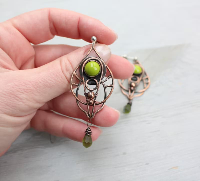 Olive Green Chandelier Earrings, Wire Wrapped Boho Jewelry, gift for her